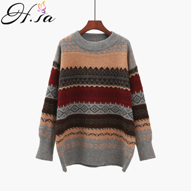 

FAKUNTN Winter Women Sweater Pullover Knit Jumpers Loose Striped Pull Jumpers Korean Style Knitwear Casual Top Argyle Sweater