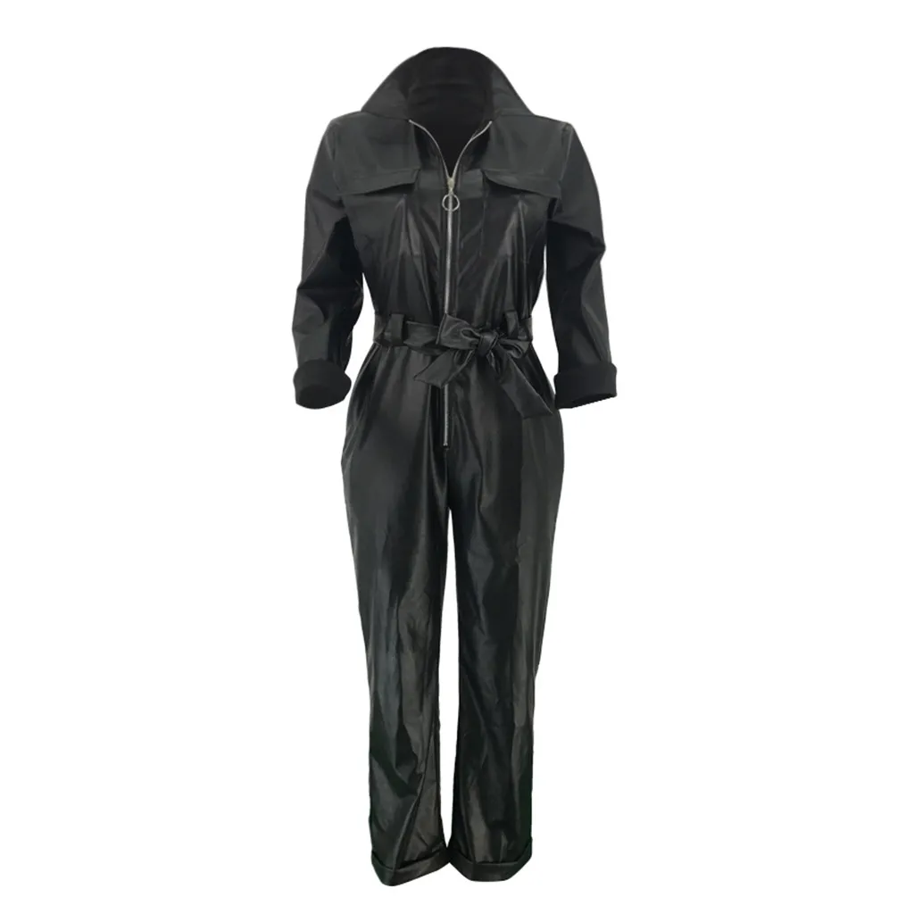 Женский кожаный комбинезон на молнии модный черный с молнией модель 2020 года #30 |