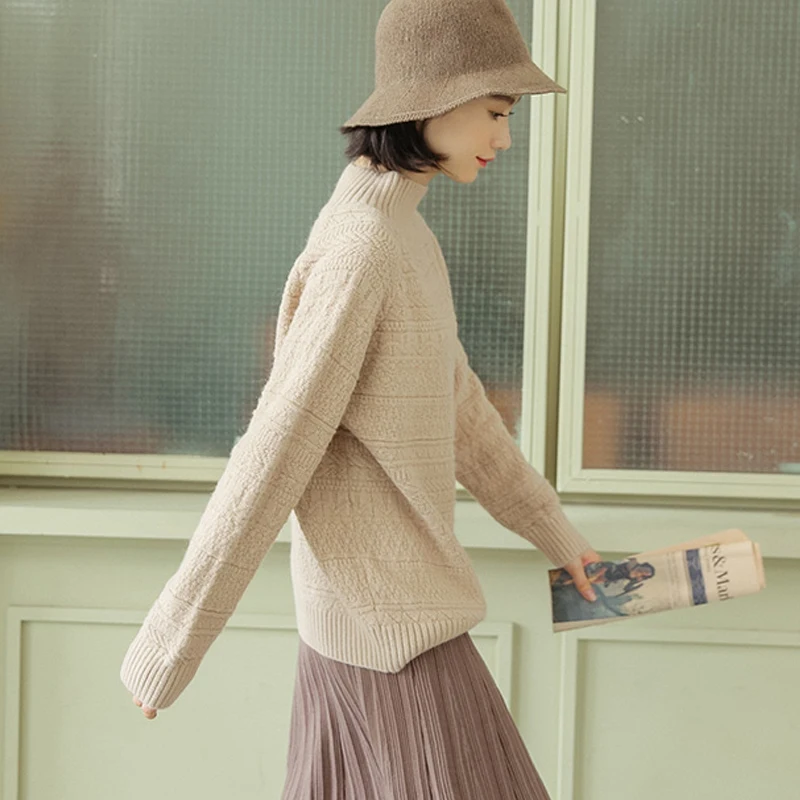 

2021 Autumn New Long Sleeve Chic Winter Clothes Women Half High Collar Sweater Women Loose Vintage Sweater 10916