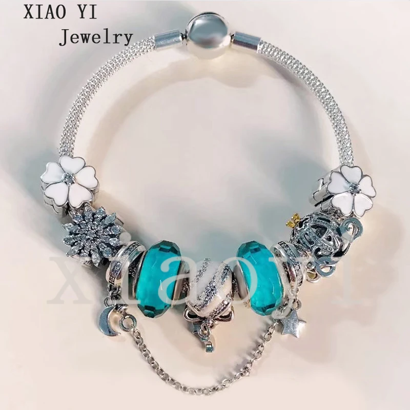 

XIAOYI 2020 new 100% s925 Blue and white lucky leaf bow carriage snow charm temperament high quality bracelet gift female
