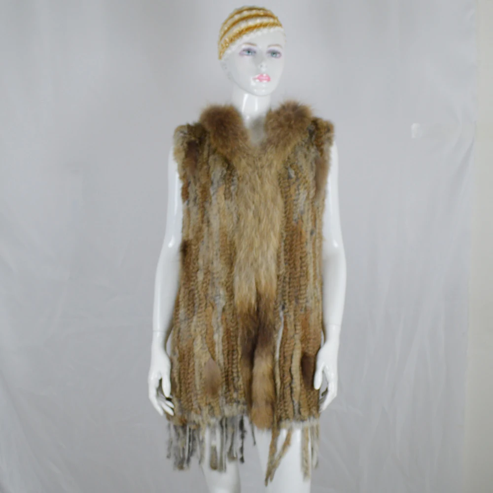 2020 Women Hooded Knitted Real Rabbit Fur Vests Genuine Long Gilet With Tassels Raccoon Collar Rabbitt Coat | Женская одежда