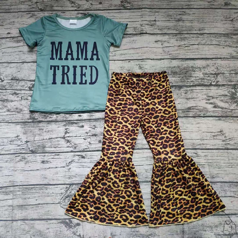 

kid boutique outfit clothing baby girl spring clothes set mama tried short sleeve tshirt leopard bell bottom pant outfit Fornite