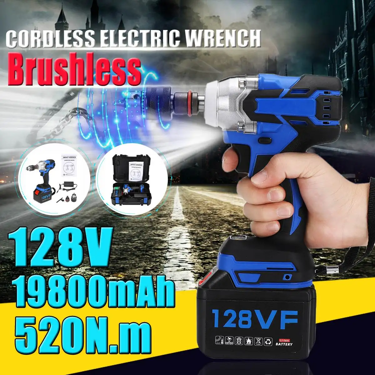 

128V 520N.M бесщеточный Электрический Аккумуляторный ударный гайковерт Мощность инструменты с 19800Amh Li ion аккумулятор Батарея + светодиодный свет...