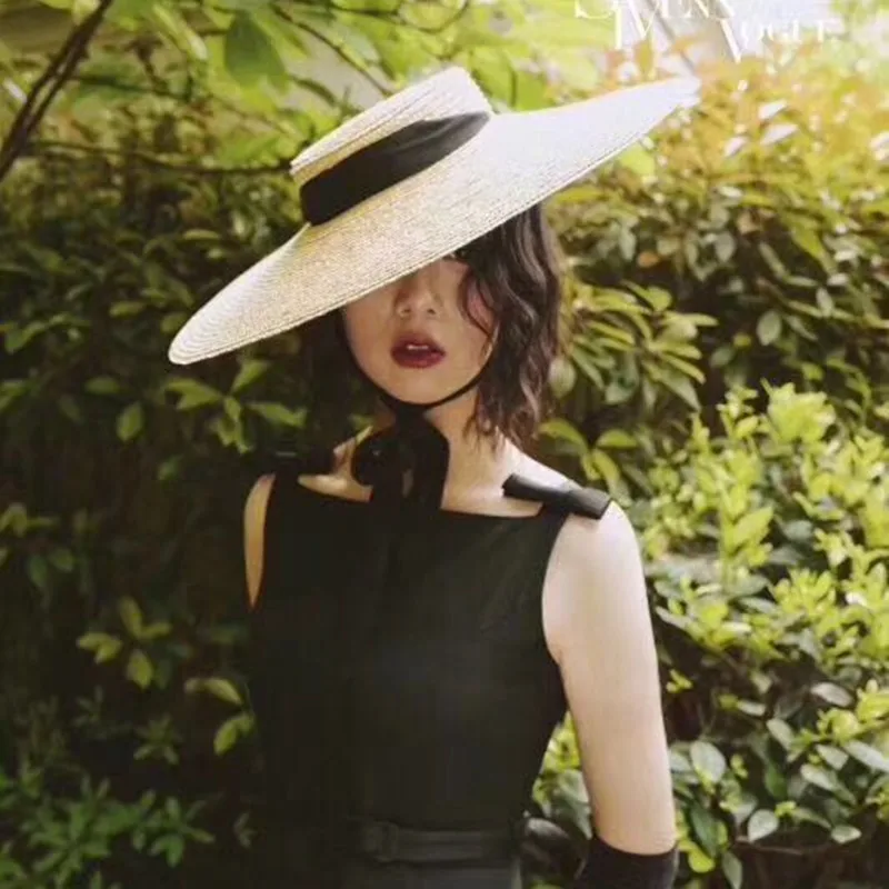 Summer Big Natural Wheat Straw Hats For Women Handmad Wide Brim Beach Visor Caps Elegant Flat Top Long Ribbon Lace-Up Sun Hat | Аксессуары