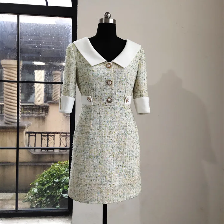 

Korean style lady's elegabt tweed 2021 spring autumn high quality A-line dress B360
