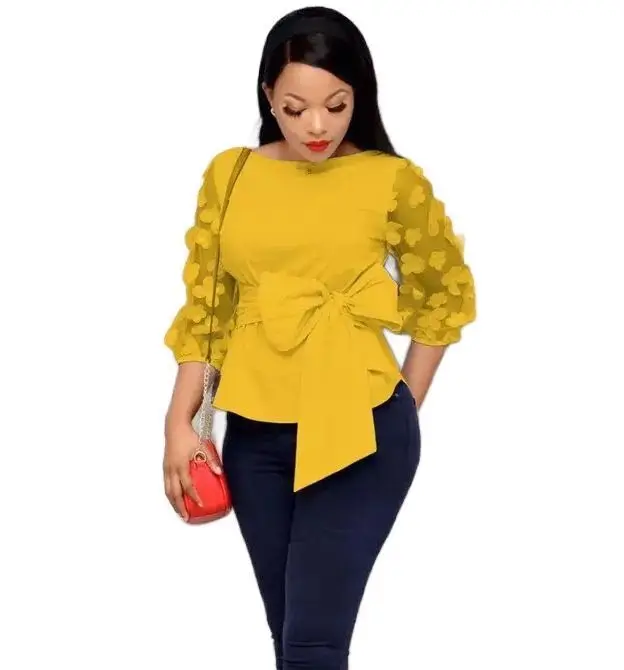 

Cross-border new casual white five blouse solid color middle top Africa woman shirts