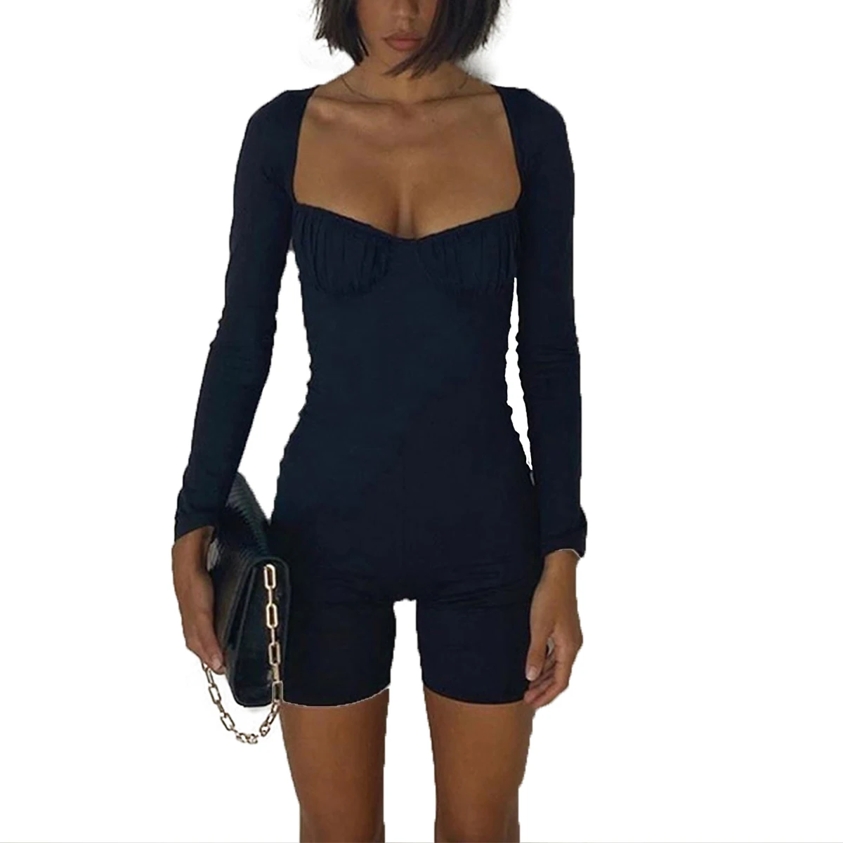 

Long Sleeve Sexy Ruffled Sports Jumpsuit Women 2020 Autumn Fashion All-Match Solid Color Jumpsuit