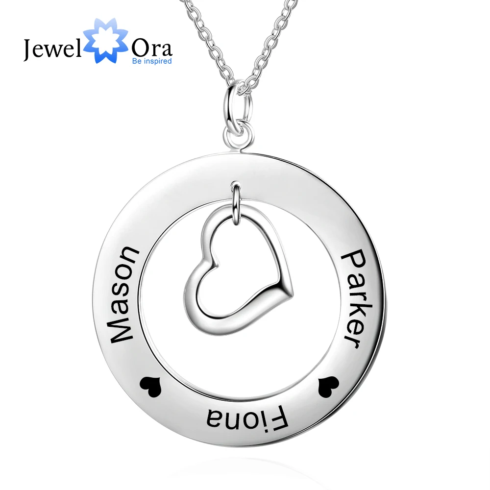 Personalized Heart &amp Circle Pendant Necklace Customize Engraved Family Name Necklaces for Women Jewelry Gift (JewelOra NE103632) |