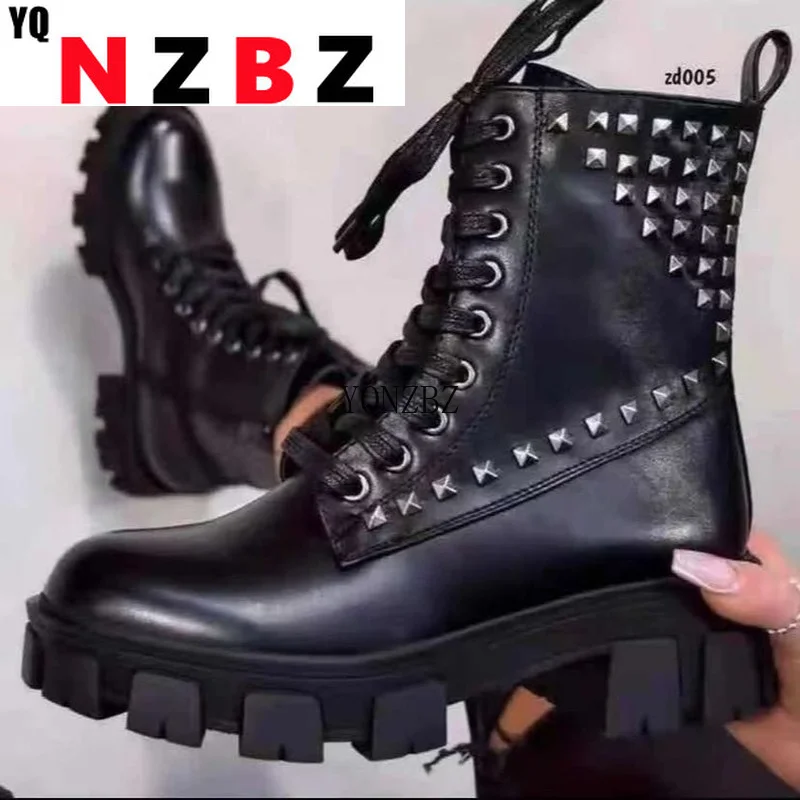 

Autumn Thick-soled Knight Boots Trendy Handsome Rivet Belt Buckle Martin Boots Female Platform Non Slip Women Waterproof Boots