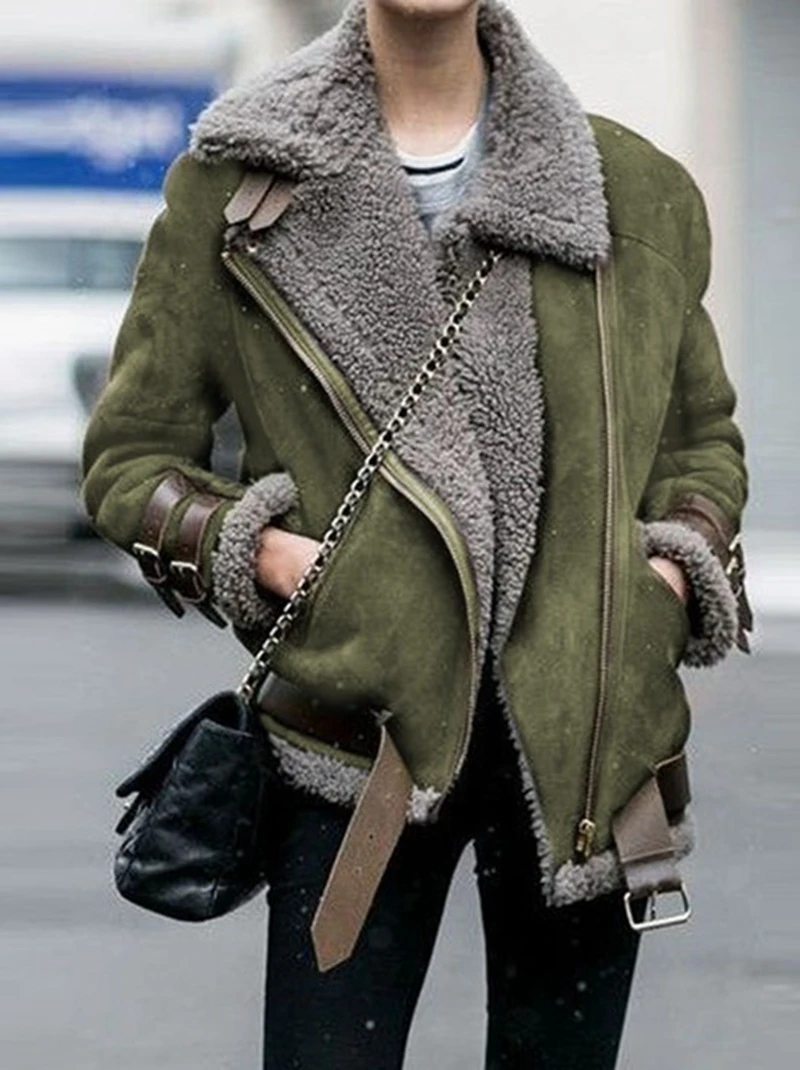 Lugentolo Женская куртка осень и зима с длинными рукавами локомотив оленья кожа имитация овчины плюс бархат толстый пальто - Цвет: Армейский зеленый