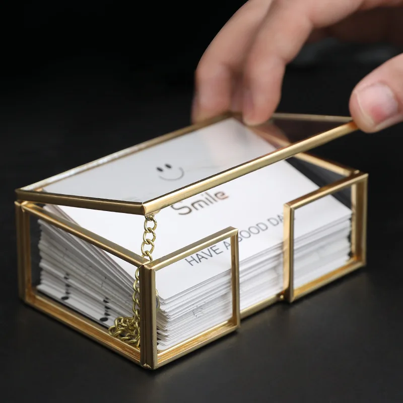 

Business card box Glass Brass desktop business office storage box business card shelf desktop creative exhibition gift