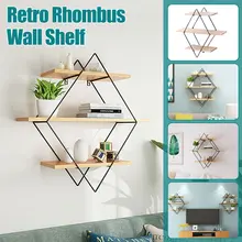 Retro Rhombus Wood Iron Craft Wall Shelf Multi-Function Rack Storage Home Wall Art Display Storage Rack Industrial Style Decor