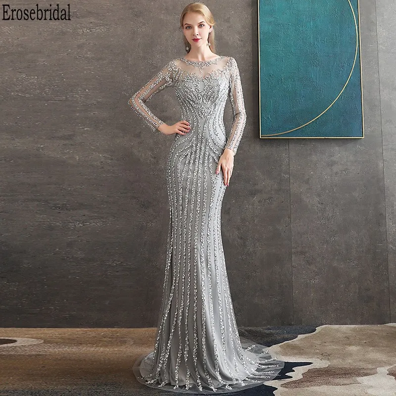 

Erosebridal Long Sleeve Evening Dress 2020 Mermaid Prom Gown Luxury Beaded Long Formal Dress Small Train Zipper Back