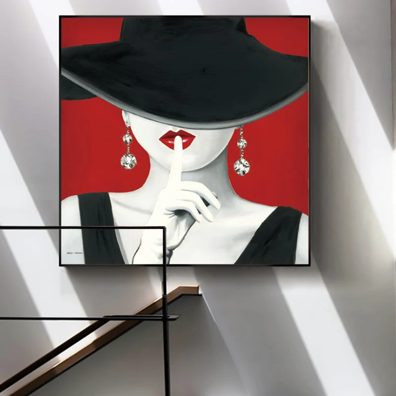 Сексуальная девушка с черной шляпой холст искусство фотообои красные губы поп