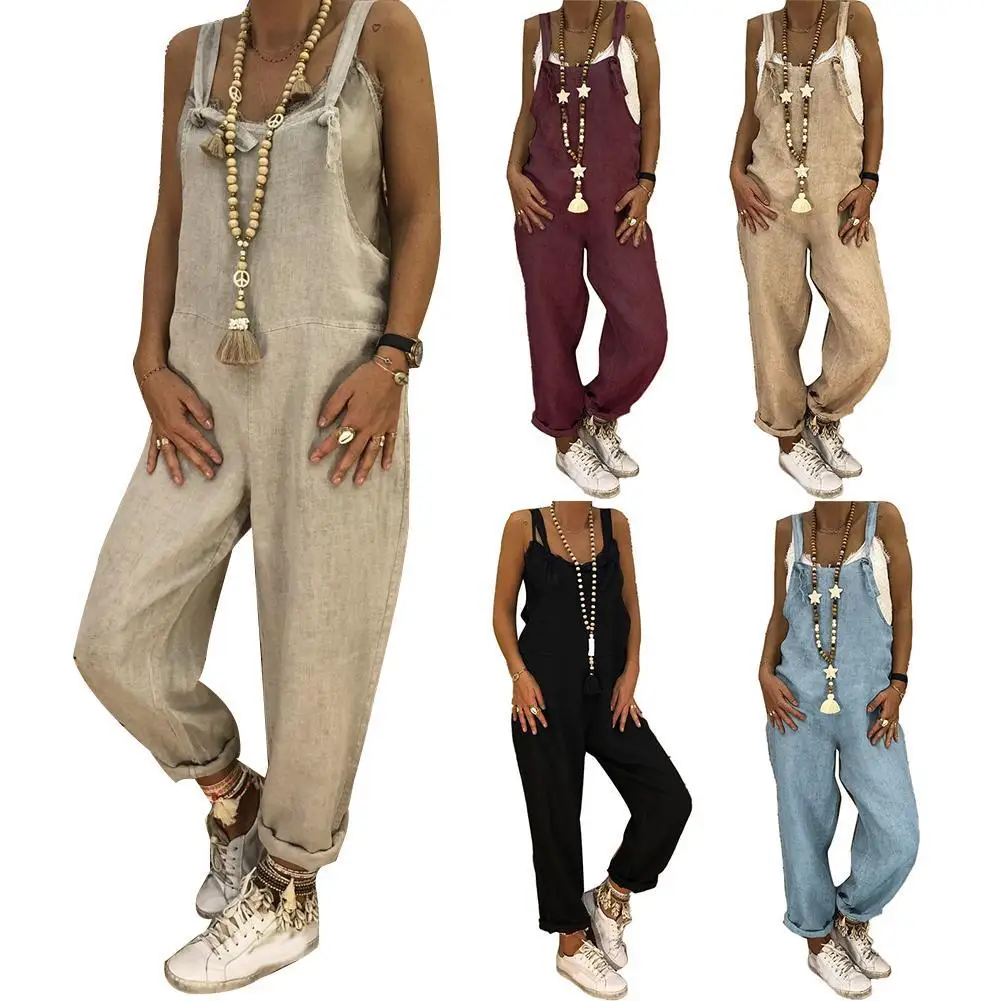 

Women Jumpsuits Casual Solid Color Sleeveless Adjustable Straps Loose Jumpsuit Bib Overall Vintage Lady Wide Leg Pants Plus Size
