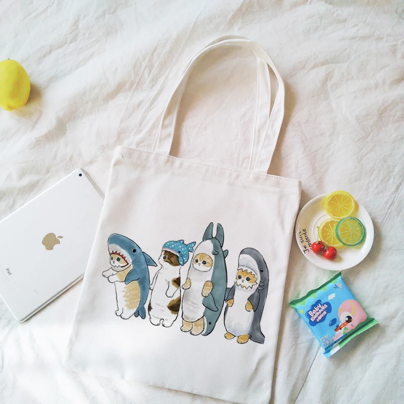 

Симпатичная холщовая женская сумка для покупок Kawaii Shark Cat Wish, повседневная многоразовая сумка-шоппер, вместительные сумки на плечо