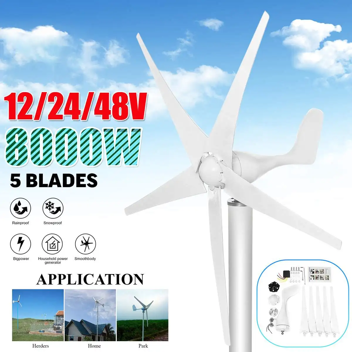 

8000W 12/24/48 Volt 3/5 Nylon Fiber Blade Horizontal Home Wind for Turbines Generator Power Windmill Energy for Turbines Charge