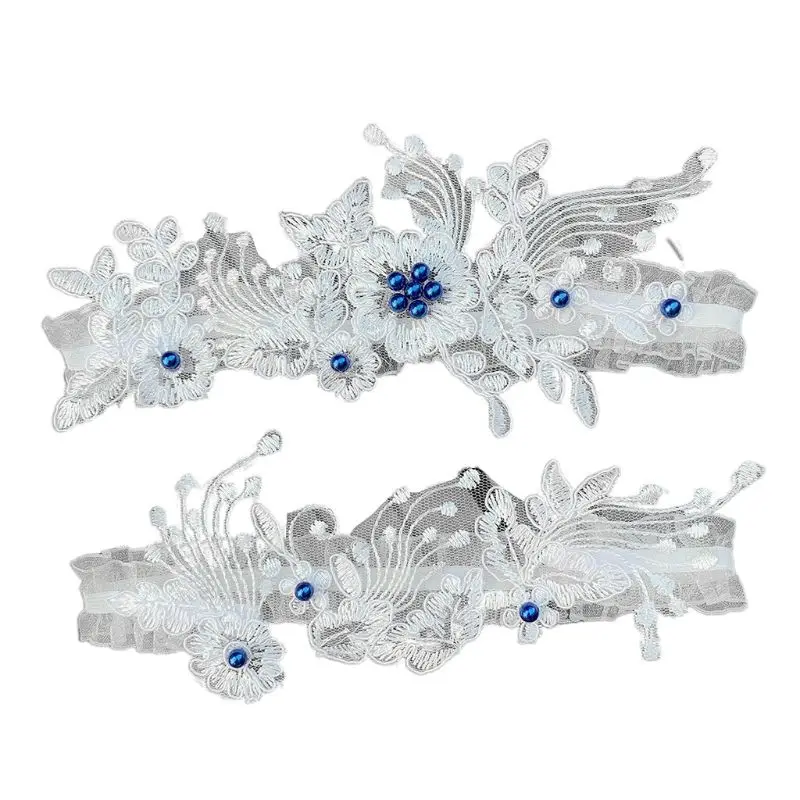 

Womens Handmade Floral Lace Mesh Applique Thigh Rings Set Imitation Pearl Beaded Embellished Bridal Wedding Elastic Leg Garters
