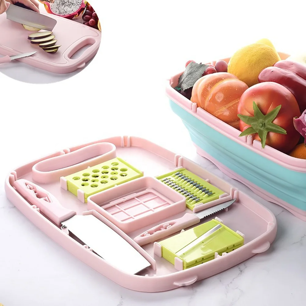 collapsible cutting board with colander silicone multifunction camping foldable chopping blocks vegetable tub kitchen gadgets free global shipping