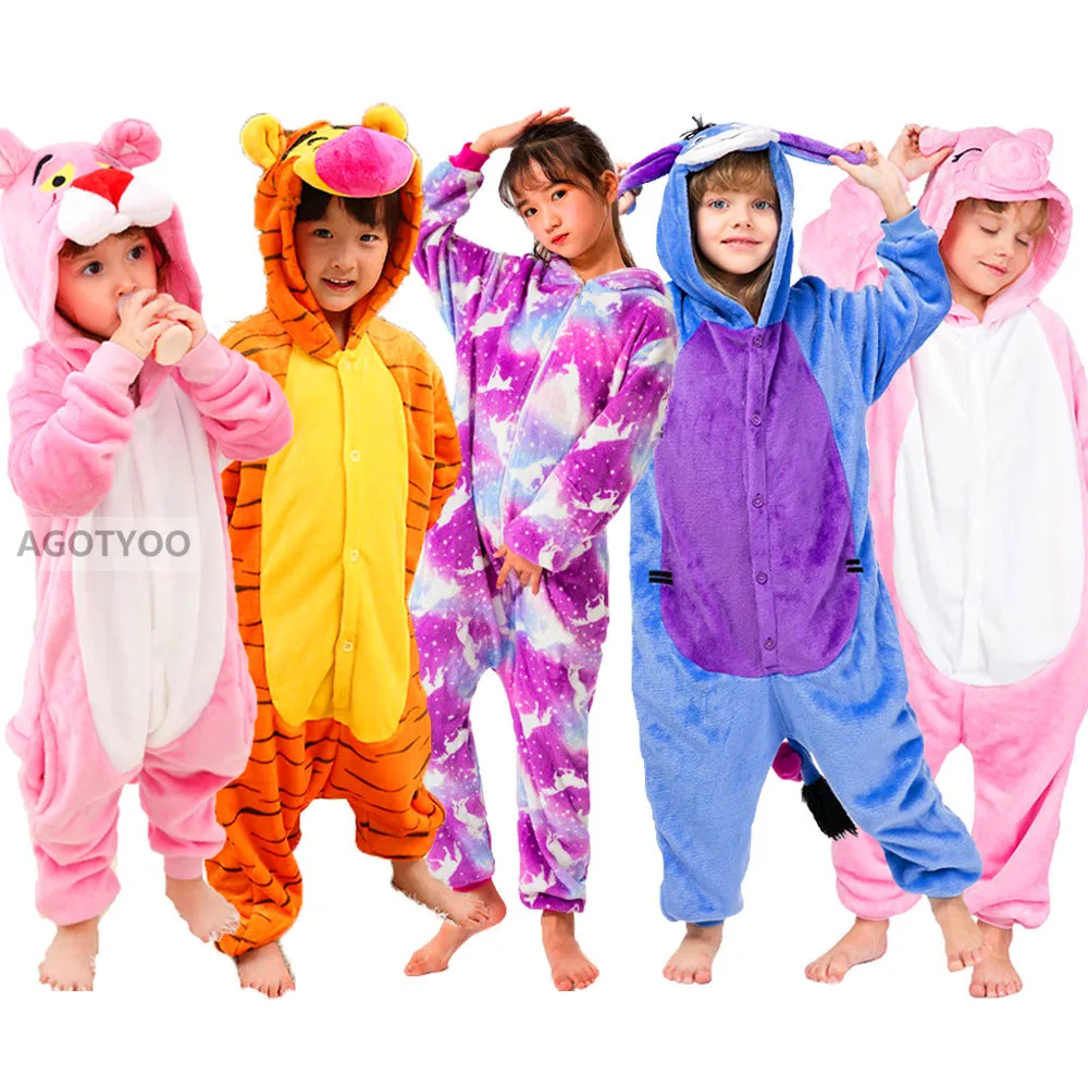 Пижама комбинезон Детская фланелевая с рисунком животных единорога панды тигра