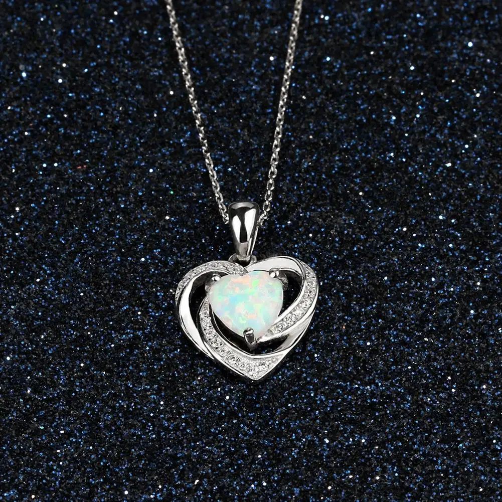 

Fashion Necelace 925 Sterling SIlver Opal Cubic Zirconia Heart Pendant Necklaces Women Anniversary Jewelry GIft For Dress Up