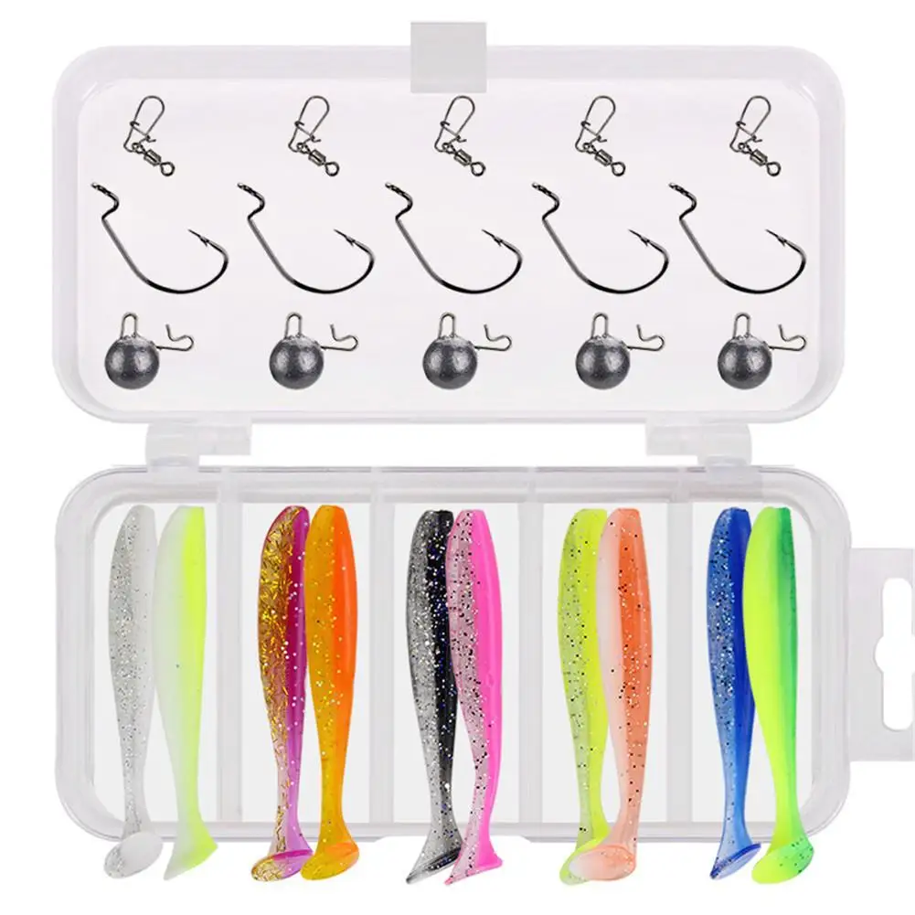 

1 Set 7cm Shad Worm Soft Bait T Tail Jigging Wobblers Suit with Silicone Lure*10 round lead*5 crank hook*10 swivel pin*5