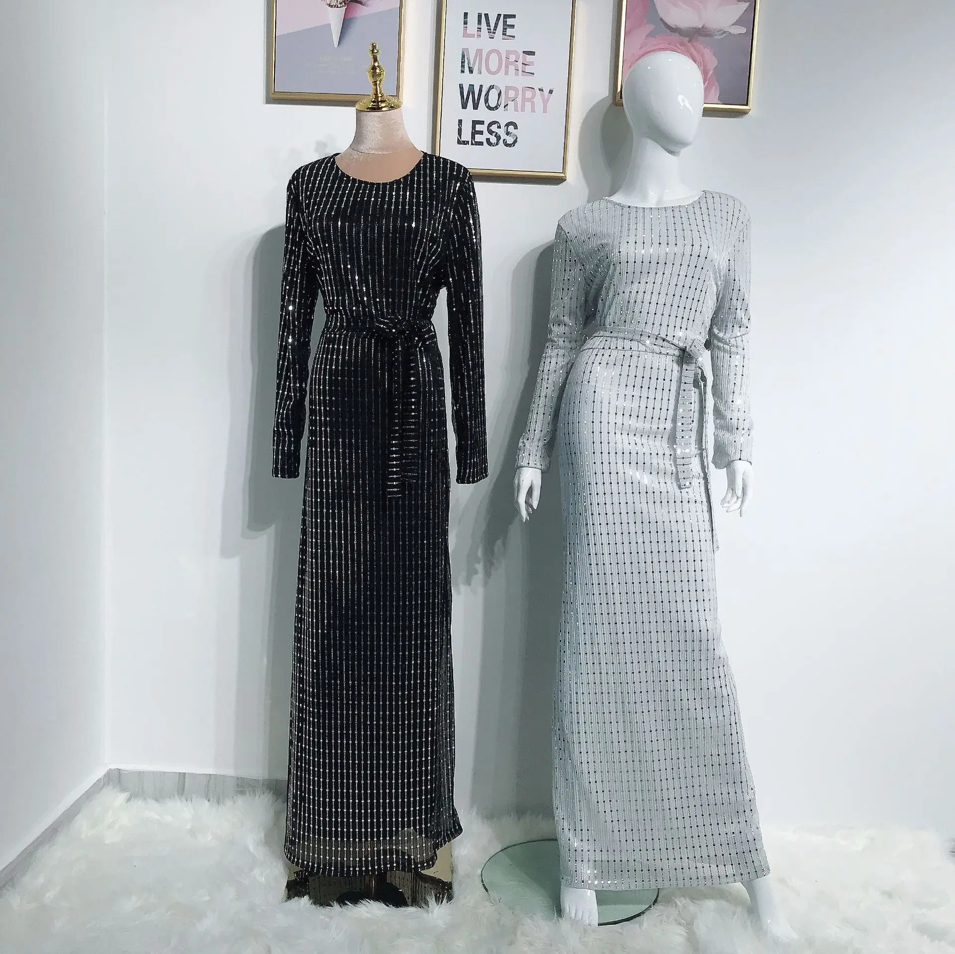 Женское платье с блестками длинное в Арабскую полоску стиле Дубай на шнуровке