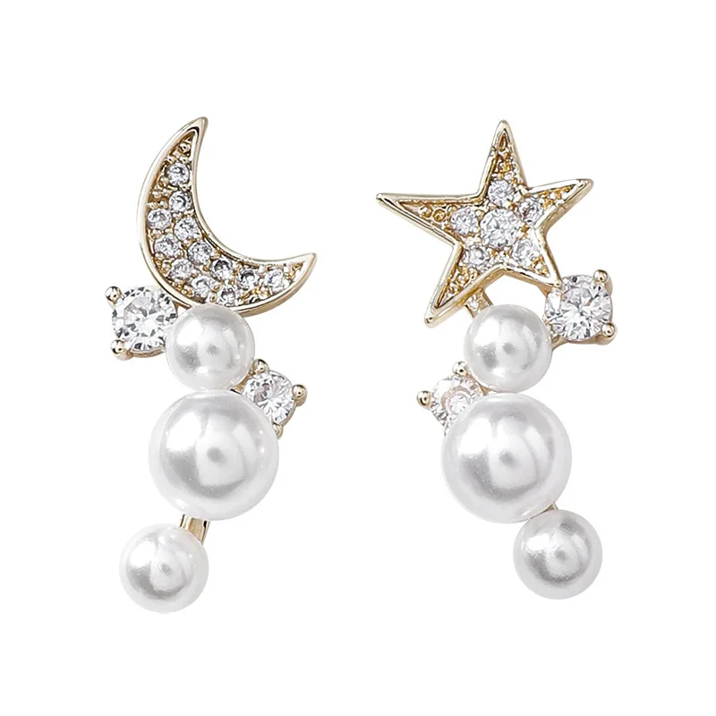 Real Gold Plated Cubic Zirconia Moon Star Pearls 925 Sterling Silver Stud Earrings for Women Girls Wedding Party Jewelry Gift | Украшения и