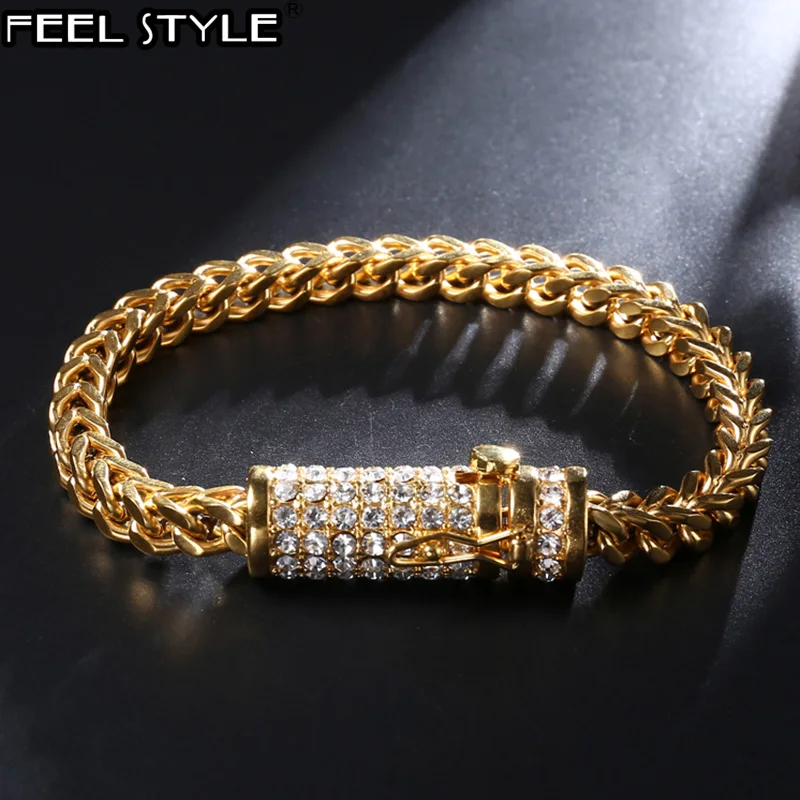 Хип-хоп рэппер Браслет Bling Iced Out Стразы застежка золото нержавеющая сталь Франко