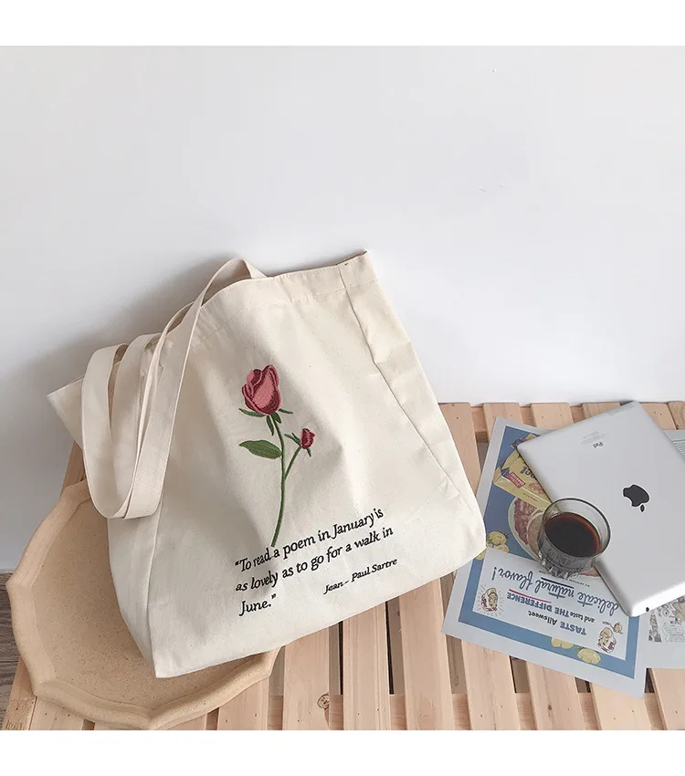 

YILE Eco-Friendly Canvas Shopping Tote Shoulder Bag Embroidery Rose Leisure Large Capacity Student Book Bag