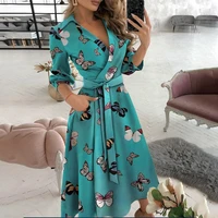 women v neck sexy dresses elegant butterfly print long sleeve lace up wrap long dress elegant summer office lady blue casual