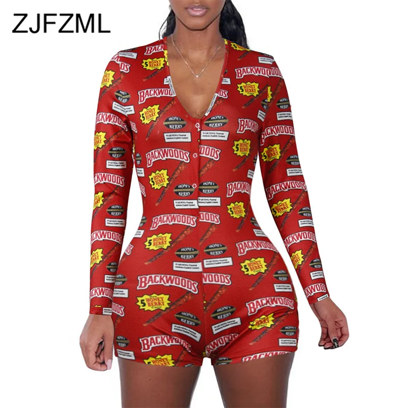 Пикантный Облегающий комбинезон с принтом женский глубоким V образным вырезом и