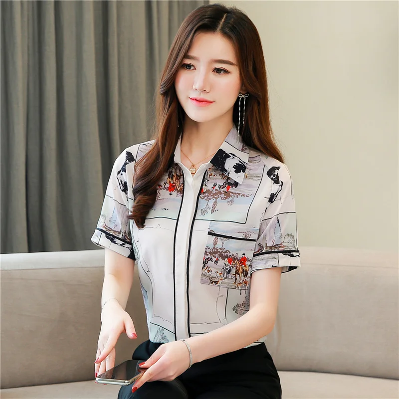 

Houthion Silk Satin Slim Women's Blouses Fashion Short Sleeve Top Printing Polo Shirt Summer New Casual Blouse