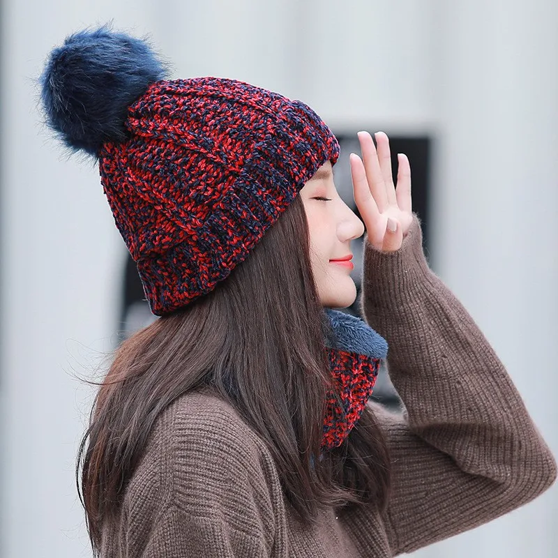 

Women Knit Beanie Hat Pompom Winter Windproof Warm Ski Cycling Cap Scarf Set