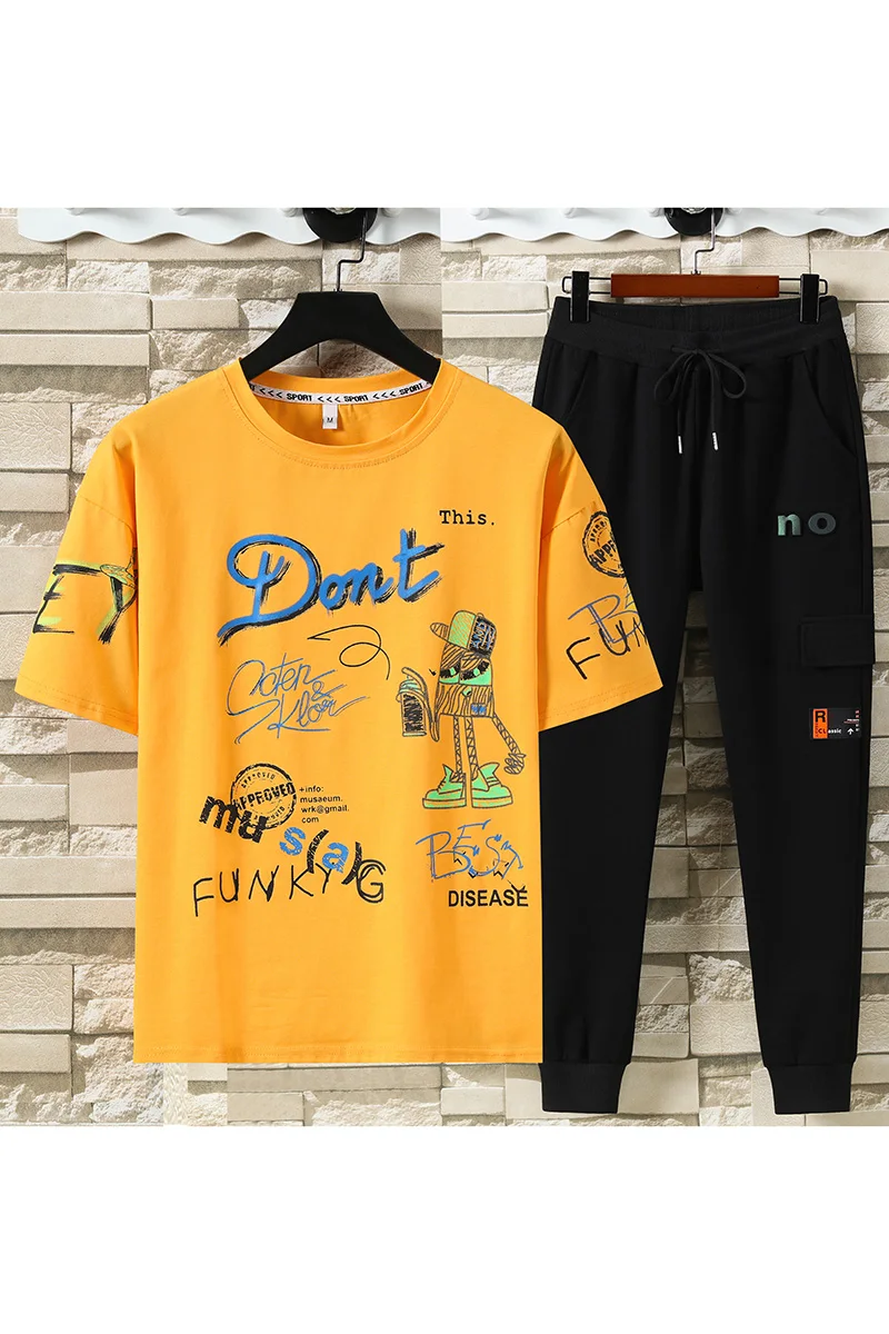 

Male Set Streetwear T-shirt and Ankle-length Pant hip hop outwear men Suit Two Piece Set Casual Clothes size M-3XL