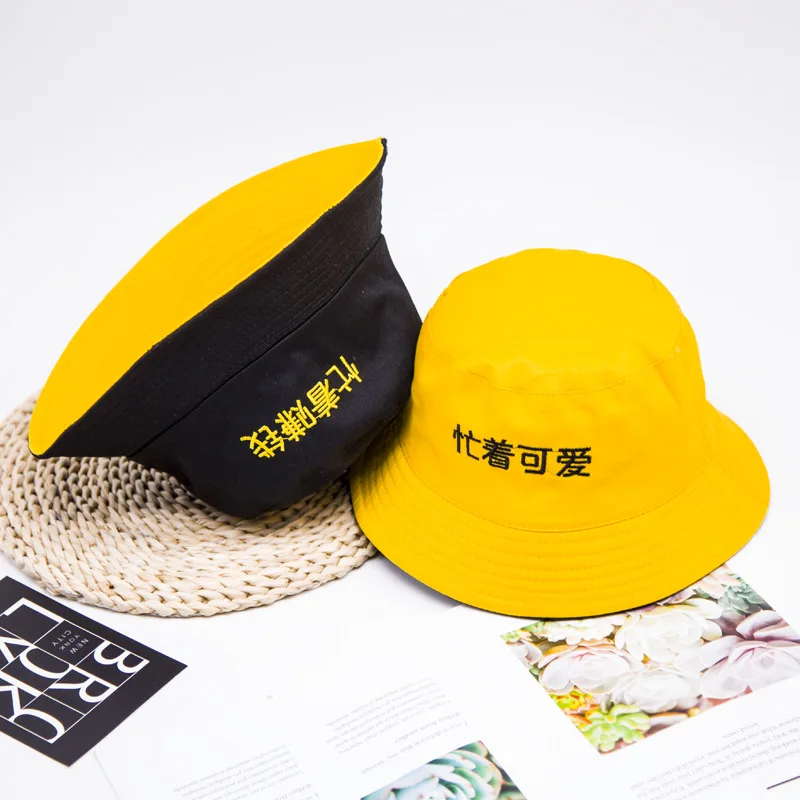 Double-sided Fisherman Hat Men and Women Spring Summer Korean Harajuku Chinese Embroidery Tide Sun Visor Basin | Аксессуары для