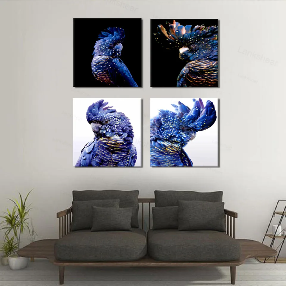 4 Панель Wall Art птица черный Какаду Темно-синие попугай мультфильм животных
