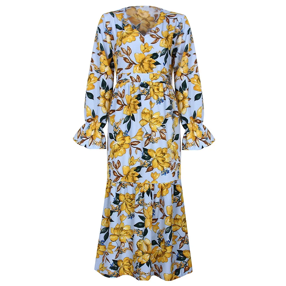 

Spring Summer V Neck Floral Dress Women 2021 New Full Sleeve High Waist Bandage Party Dresses For Women Casual Ruffles