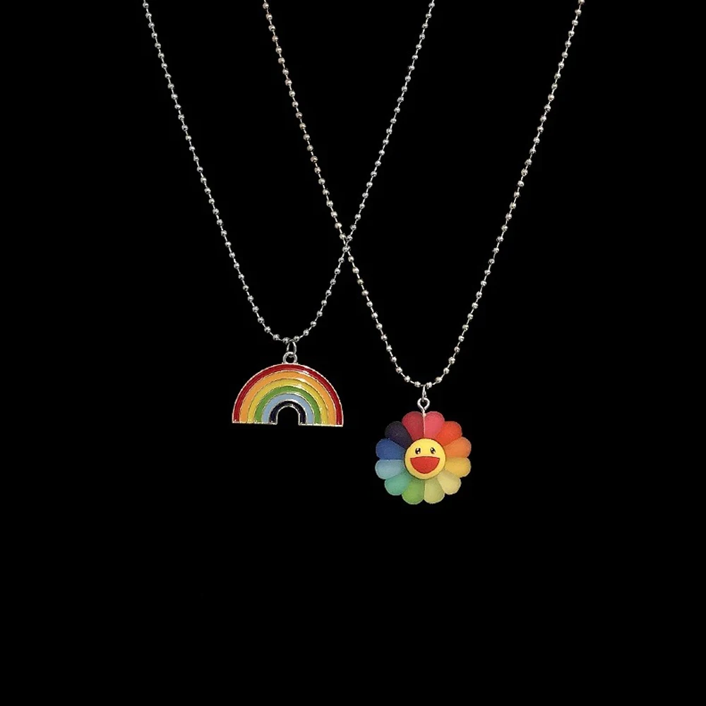 

Cute Minimalist Hip Hop Sun Flower Sunflower Colorful Petals Rainbow Pendant Necklace Rock Personality Punk Jewelry Unisex