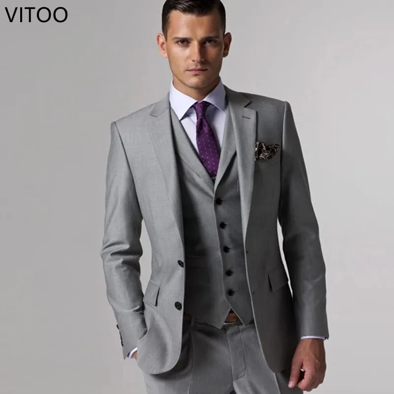 

3 Piece Gray Business Mens Suits with Notched Lapel Formal Wedding Groomsmen Tuxedo for Prom Male Fashion Set Jacket Pants Vest