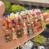 flatfoosie luxury full rhinestone bear pendant necklace for women girls colorful crystal beaded choker necklace fashion jewelry