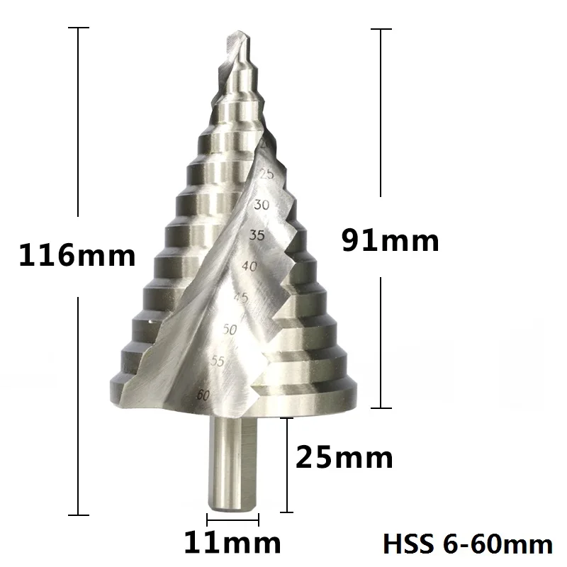 1pc 6-60mm XCAN 1 шт. 6-60 мм Шаг сверло спиральный паз деревянный металлический дыропробивной Пресс из высокопрочной стали Круглый хвостовик Шаг сверло ядро сверло - Цвет: 1pc 6-60mm