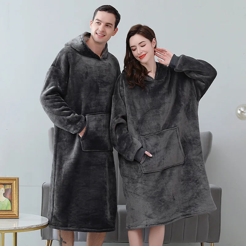 

Lovers Flannel Bathrobe Pajamas Solid Color Nightgown Kangaroo Pocket Coral Fleece Longewear Women&Men Winter Warm Homewear