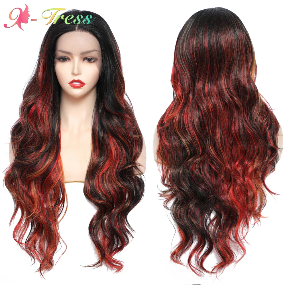 

Highlight Wig Synthetic Lace Front Wigs for Women X-TRESS Ombre Red Orange Long Wave 1.5*13 Free Part Lace Wig Heat Resistant