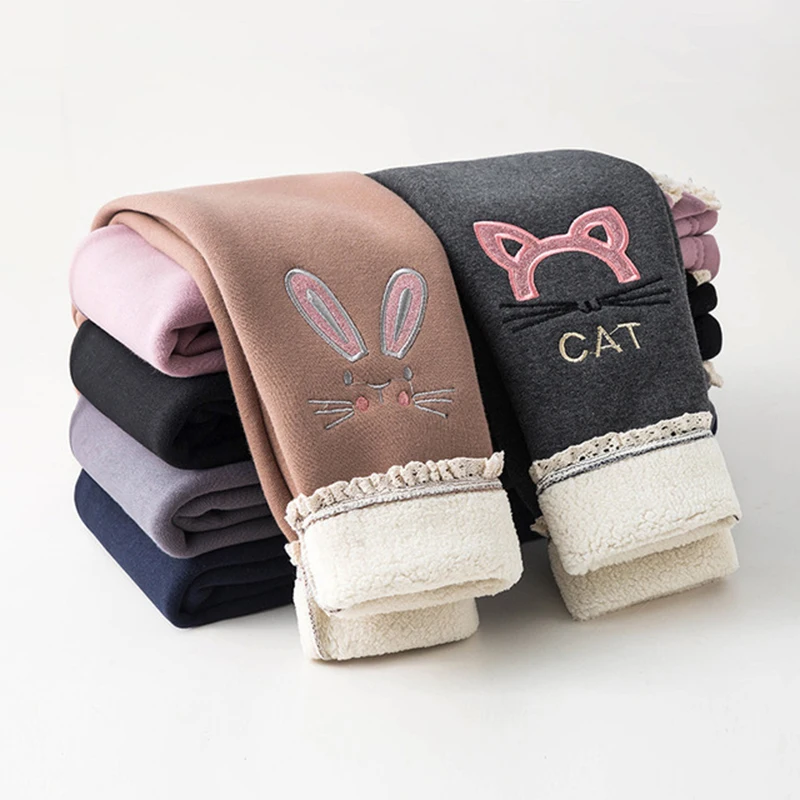 Детские леггинсы с мультяшным котом для девочек зимние теплые брюки из