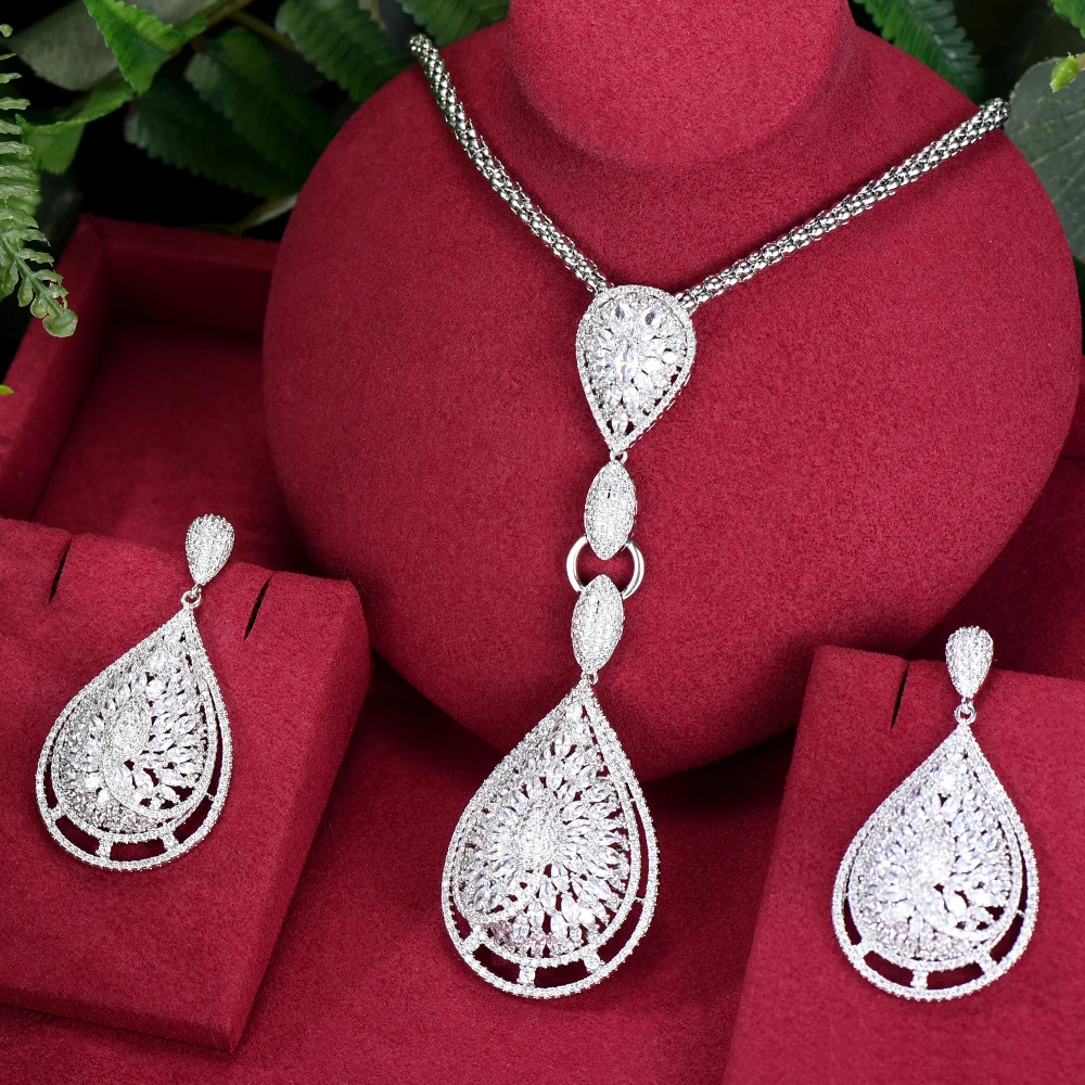

New Luxury Bridal Wedding Big Sparkling Long Pendant Earrings Necklace Jewelry Set Super CZ New Design Fashion Jewelry
