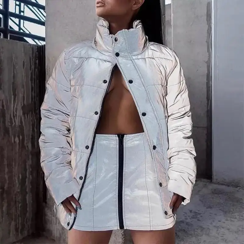 Зимняя Светоотражающая куртка для женщин с высоким воротником длинное пальто