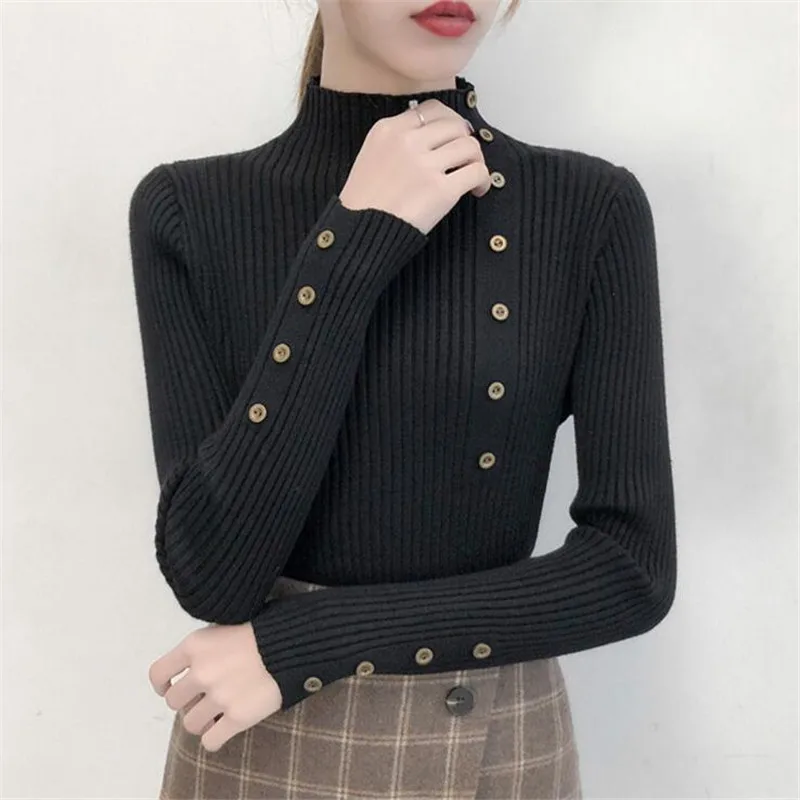 

2021 Women Autumn Knitted Slim Sweaters Solid Knitted Female Cotton Soft Elastic Color Pullovers Button Full Sleeve Turtleneck