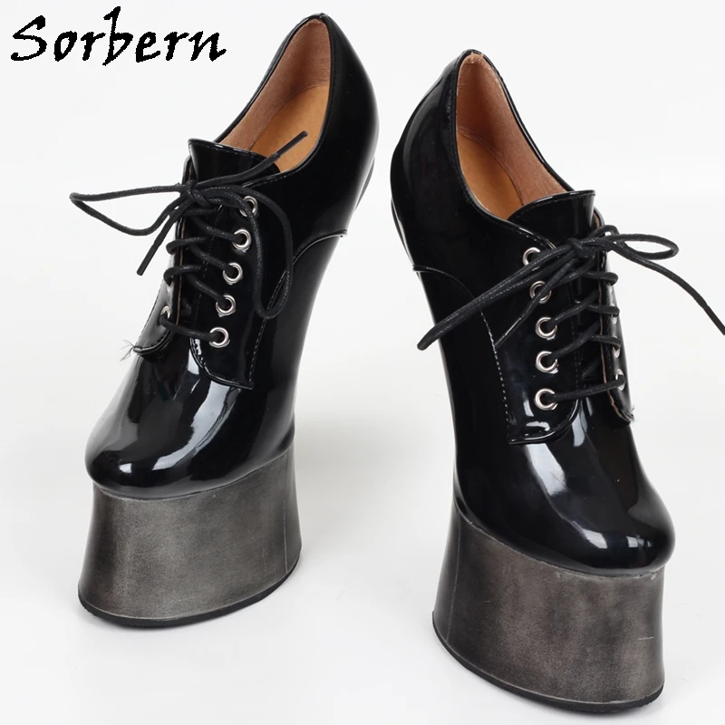 Sorbern Black Xdresser Pump Shoes Women Hoof Sole Heelless Lady Fetish Horse Heels Shoe Lace Up Pumps Custom Cololrs