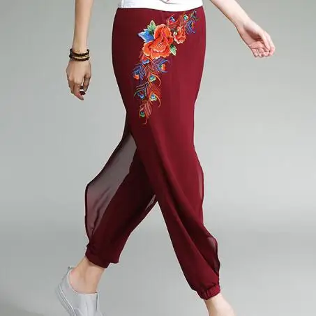 Новинка 2020 Летний стиль женские шифоновые шаровары штаны с вышивкой элегантный